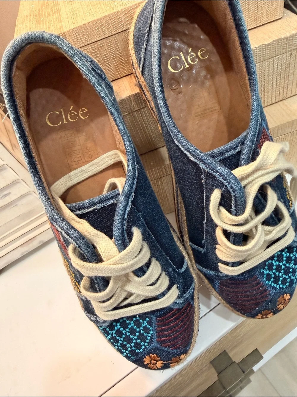 CLÉE Embroidered Denim Patchwork Espadrille Platform Sneakers – Size 7